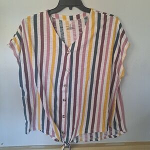 Bobbie Brooks Women's Multi Color Striped Button Up Tie Bottom Shirt 3X